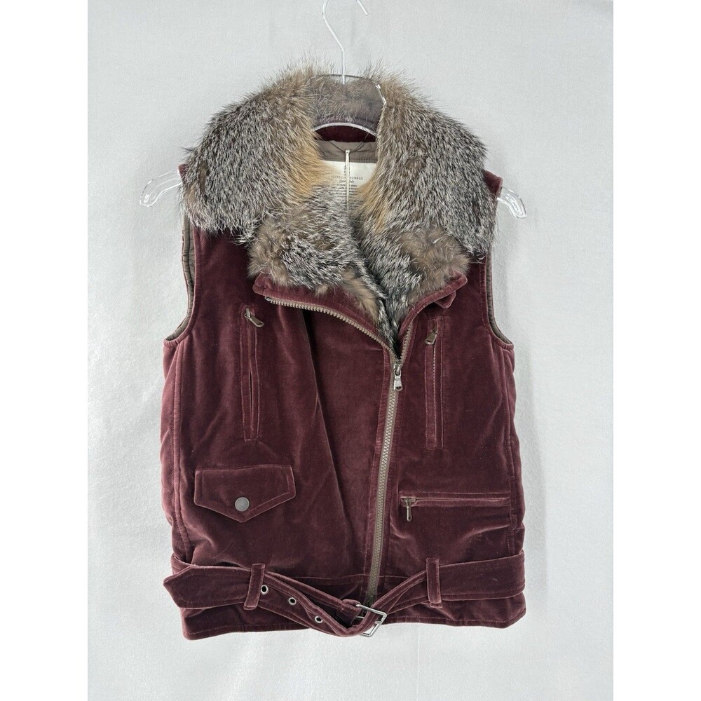 NWT Brunello Cucinelli Velvet Fox Fur Puffed Vest Jacket Pockets Sz 36
